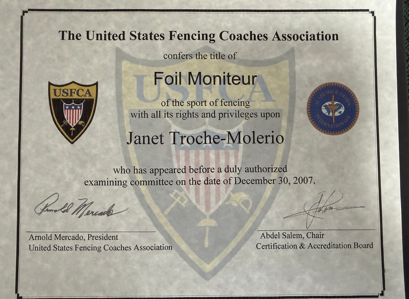 Janet Troche-Molerio's USFCA Foil Moniteur certificate