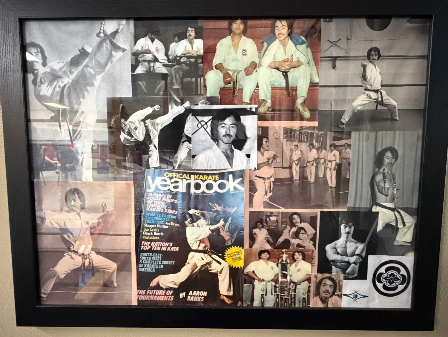Framed collage of Master Miyazaki's competition and teaching years, including the Official Karate Yearbook